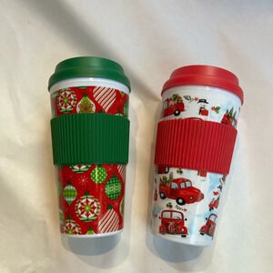 Set of 2 Christmas Holiday Themed 16 OZ Travel Cups Tumblers NWT